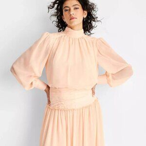 Future Collective Women's Small Peach Orange Crinkle Blouse Back Collar Button